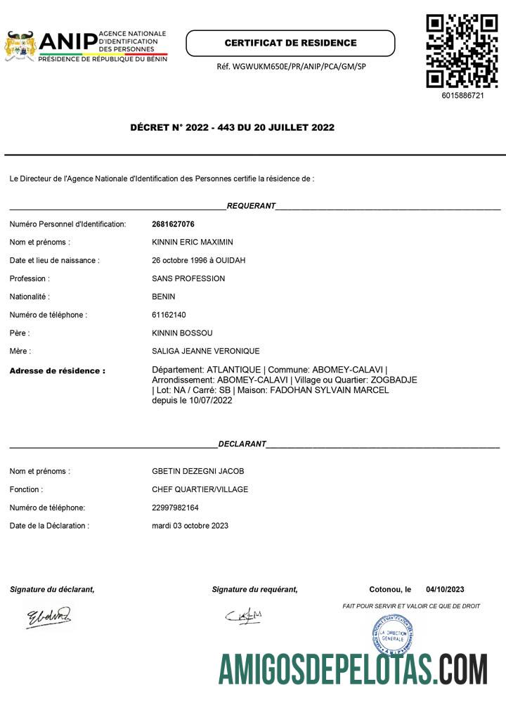 Benin ANIP Agência Nacional para a Identificação de Pessoas Certificado de Residência exemplo real
